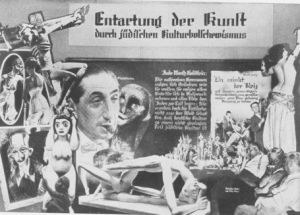 Affiche de l’exposition "Entartung der Kunst durch Jüdilehen Kulturbolchewismus" (Dégénération de l'art par la culture bolchéviques des juifs), Nuremberg, 1937, montrant un photomontage où apparaît Flechtheim, fumant un cigare, entouré de diverses peintures et sculptures…