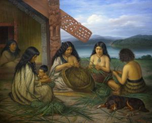Gottfried Lindauer, « Maori Plaiting Flax Baskets [Femmes tressant des vanneries kono et kete en harakeke (lin, Phormium tenax)] », 1903. Huile sur toile, 217,5 x 265 cm. © Auckland Art Gallery Toi o Tāmaki, don de H. E. Partridge, 1915. Réf. : 1915/2/63.