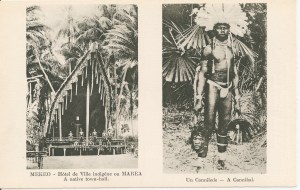 « Mekeo – Hôtel de Ville indigène ou Marea. A native town-hall [maison des hommes]. Un cannibale – A cannibal. Missionnaires du Sacré-Cœur d’Issoudun. Papouasie – Nouvelle-Guinée (Océanie). Sacred Heart Fathers – Papua. » 8,8 x 13,8 cm.