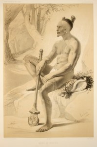 « Naturel de Nouka-Hiva », portrait de Mate Omo (Mate-Oumo) — frère de Vavanouha, chef à Taiohae —, lithographie d’après un dessin de Louis Lebreton (1818-1866), Atlas pittoresque, pl. 58, Voyage au Pôle Sud et dans l’Océanie sur les corvettes L’Astrolabe et La Zélée, Jules Sébastien César Dumont d’Urville, Gide, Paris, 1846.