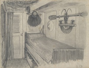 La cabine de Pierre Loti sur La Flore (côté lit). Dessin par Pierre Loti. En plus d’un moai kavakava, on y voit le reimiro, l’ao et une collerette en fibres végétales. Dessin à la mine de plomb sur papier vélin fin, 20 x 26 cm. © Muséum d’histoire naturelle de Toulouse, MHNT.ETH.OC.981.1.1. Photo D. Martin.