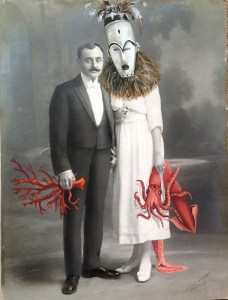 "Le corail et la seiche". Gouache sur photographie ancienne. Série « Chimères et Merveilles ». © Coco Fronsac.